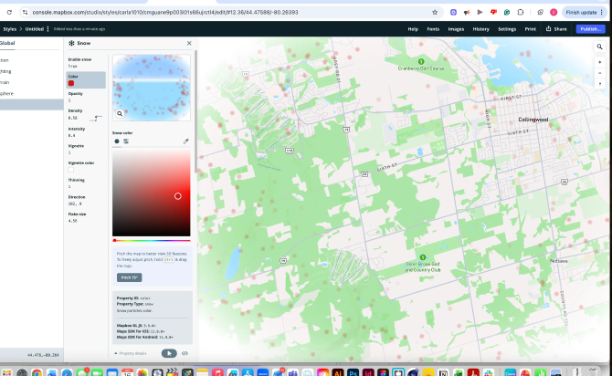 A regional map shows an applied snow simulation layer, with red and blue rendered particles scattered across forested and urban areas.